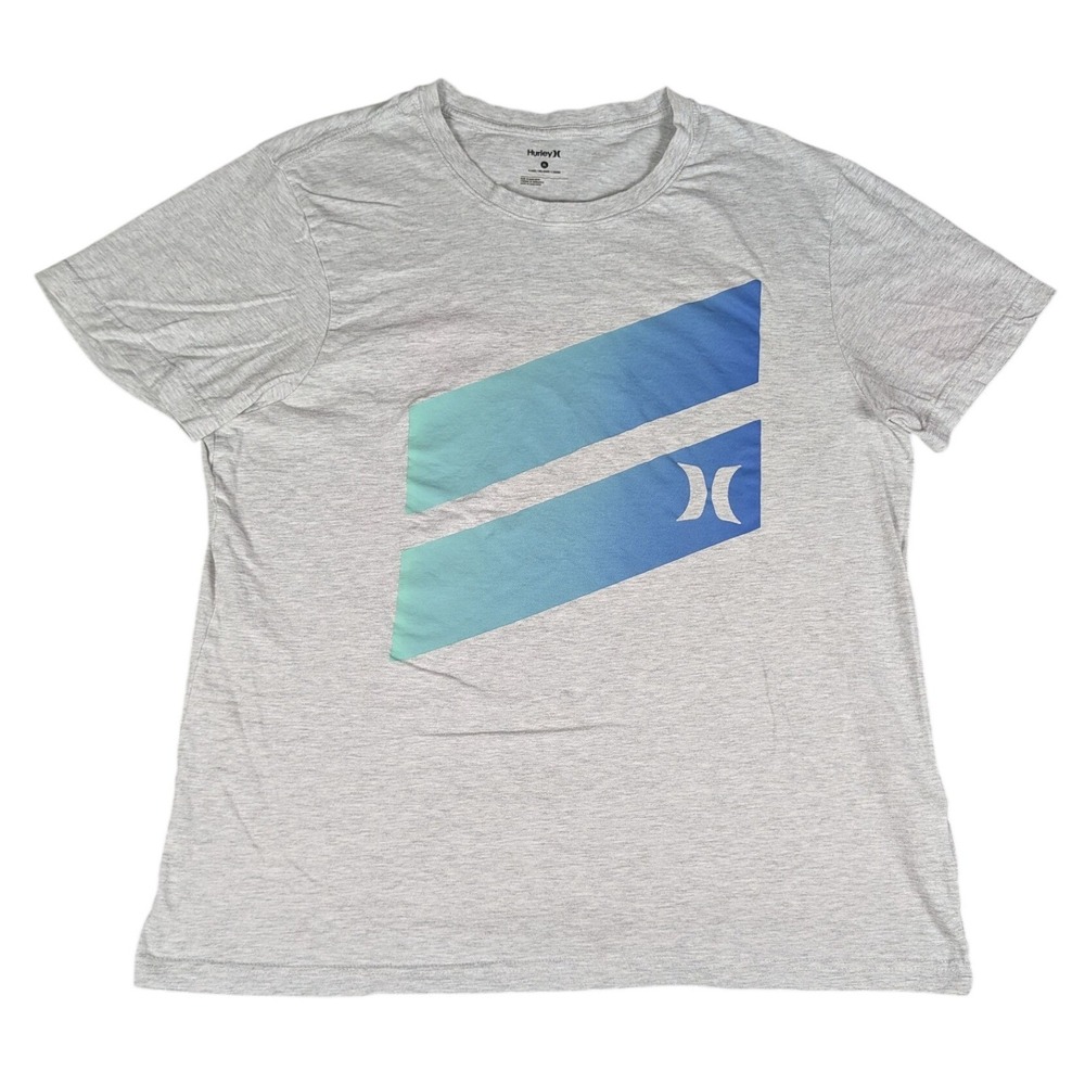 Hurley T-Shirt Mens XL Grey Blue Gradient Graphic Logo Surf Excellent